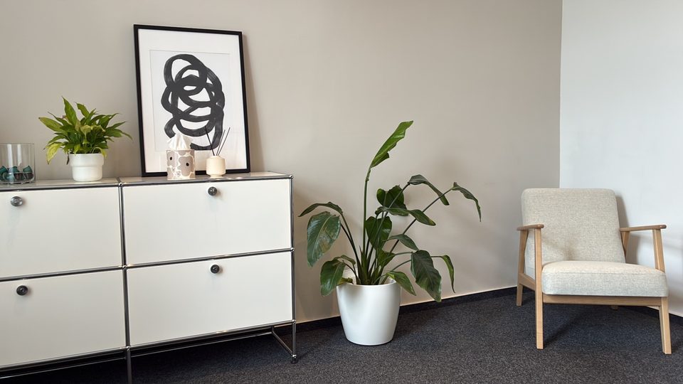 Behandlungsraum mit Sessel, Pflanzen und hellem Sideboard